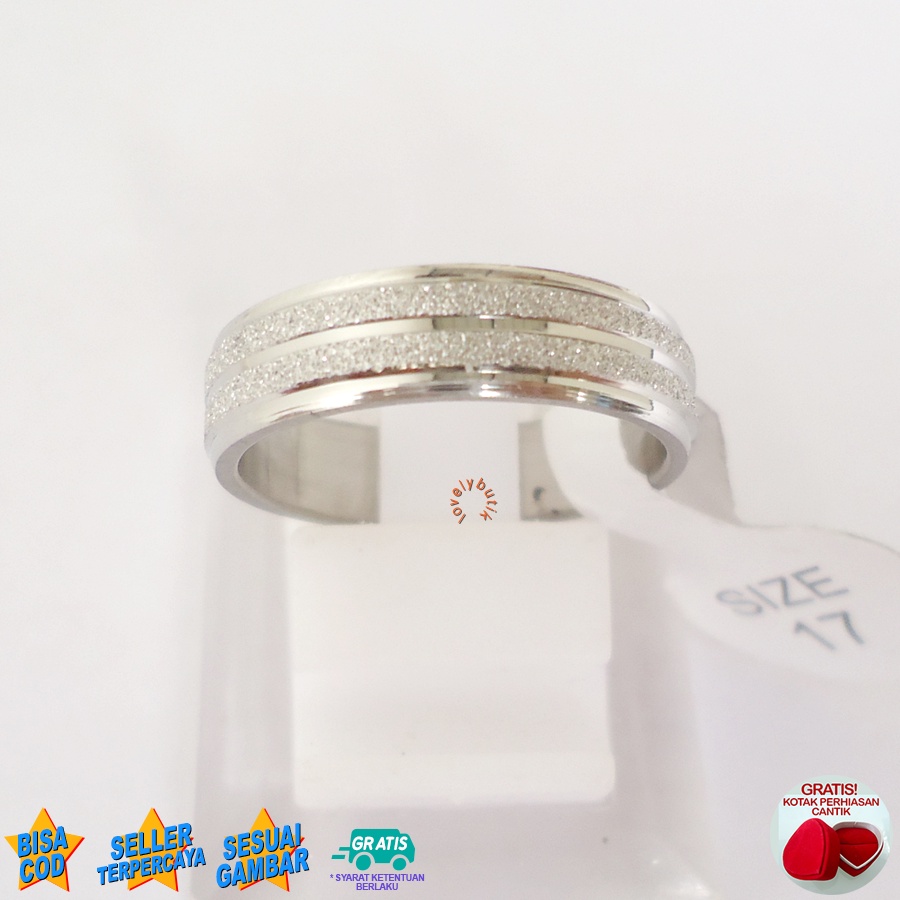 Lovelybutik Cincin Pasir Emas Titanium Wanita Pria Anti karat Asli Model Garis Bonus Kotak Perhiasan