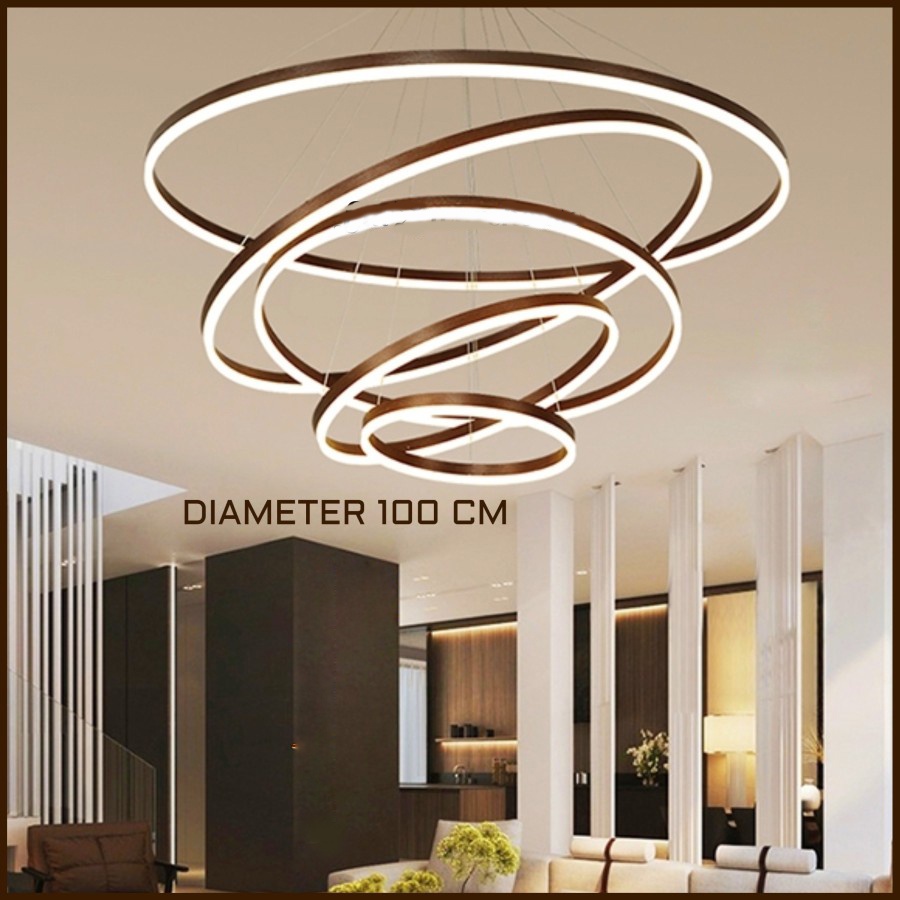 Lampu hias gantung void tangga MODERN LED COFFEE BROWN susun 5 RINGS layers REMOTE 3 VARIASI CAHAYA 