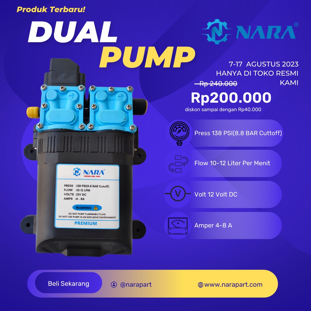 Pump DC NARA dua dinamo 12v 8A serbaguna pompa DC Dual engine138psi