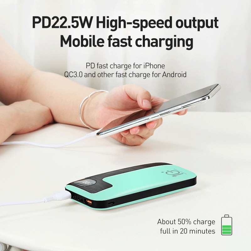 Powerbank Fast Charging QC 3.0 PD 22.5W 18W Mini Power Bank Murah Iphone 10000 mah LED murah Iphone 13 mini pro max 11 xr x 10 8 7 6 xiaomi Samsung Oppo Vivo hp murah Realme Redmi infinix Ipad Gadgets BASIKE-PT118D hijau 22.5W