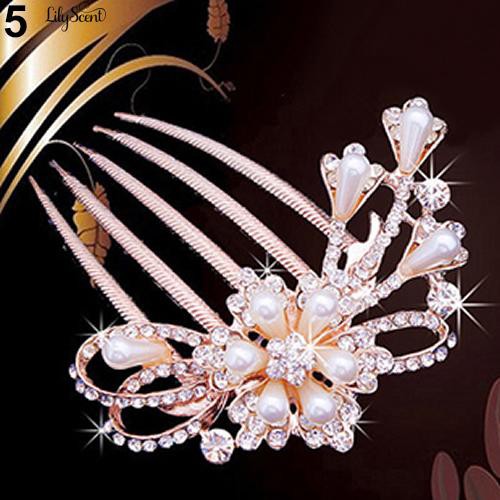 Wedding Bridal Rhinestone Faux Pearls Hairpin Flower Peacock Comb