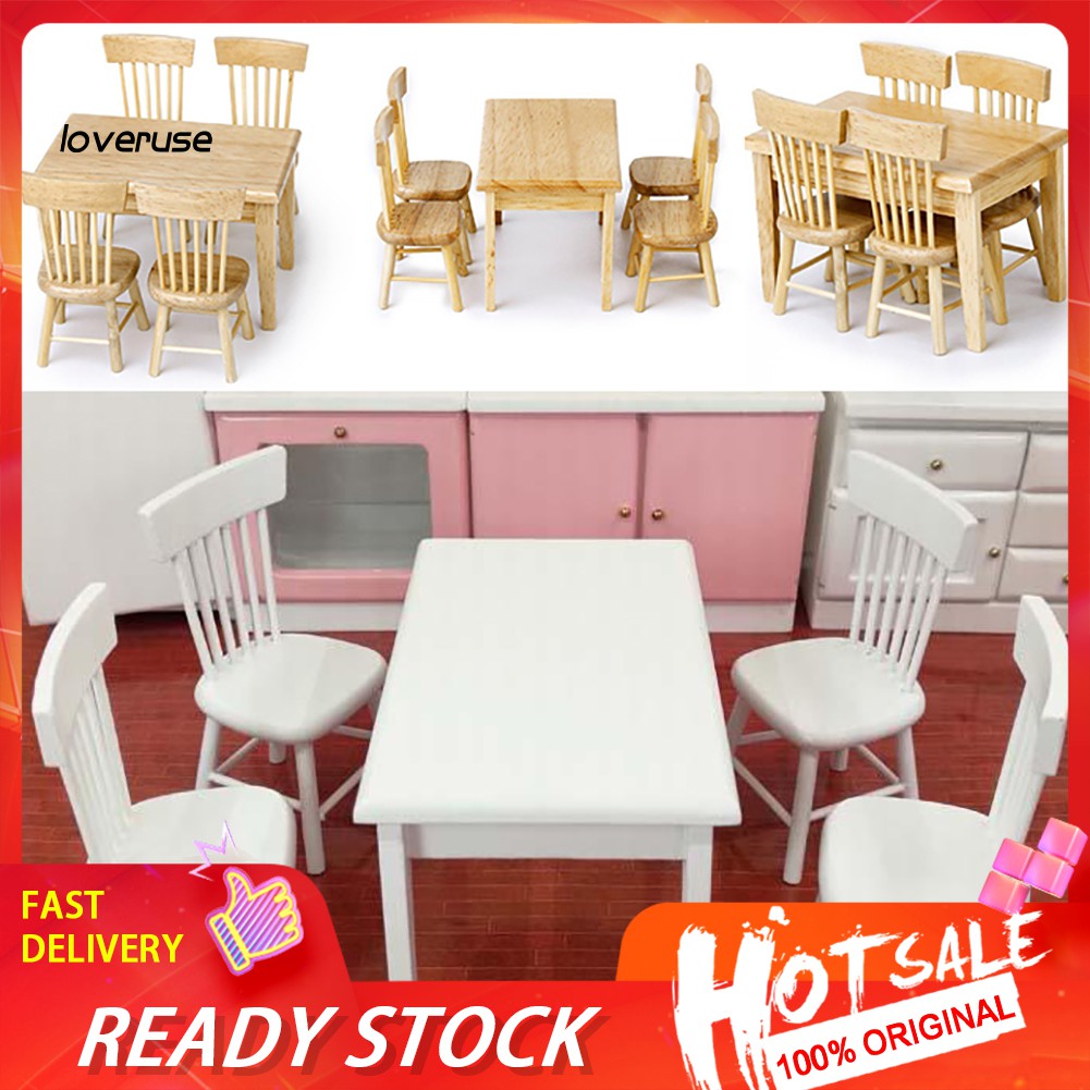 WOWJ 5Pcs Dining Table Chair Model 112 Dollhouse Miniature Wooden