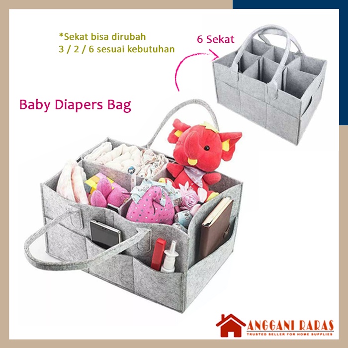 Tas Diapers Baby Bag Tas Untuk Perlengkapan Bayi Baby Diaper Caddy Bag 6 Sekat Bahan Felt uk 32 x 23 x 18 cm