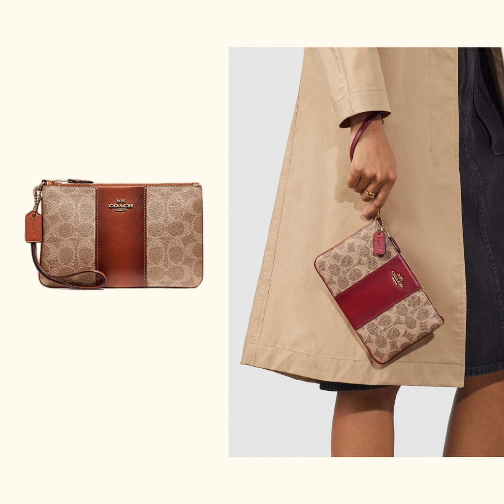 [ORIGINAL 100%] Coach F32445 Small Wristlet In Colorblock Signature Canvas - Brown