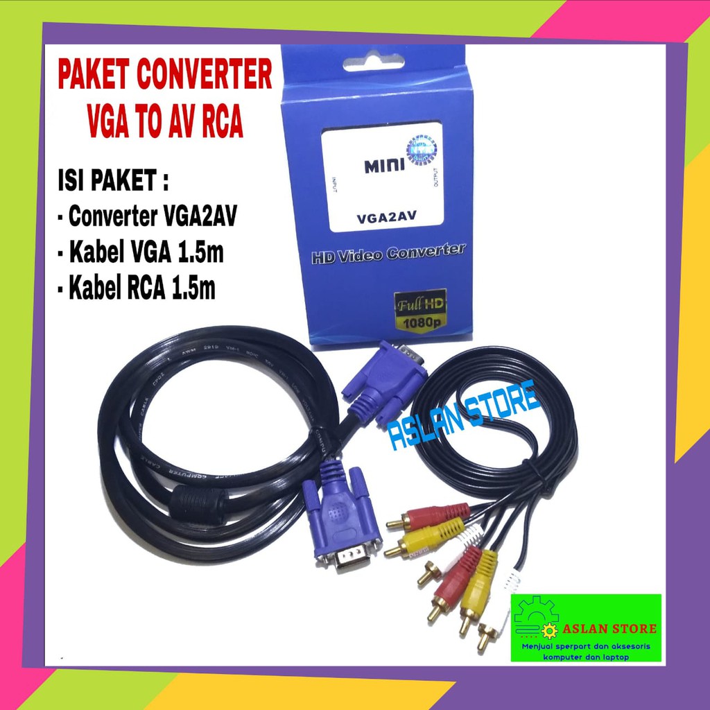 Paket Converter VGA2AV kabel Vga To AV with audio- Konverter adapter Vga To Rca mini box