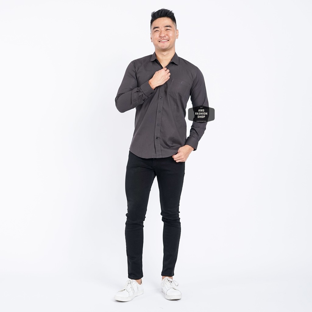 Kemeja Pria Lengan Panjang Polos Cowok Abu - Abu Tua Dark Grey Casual Slimfit 3272