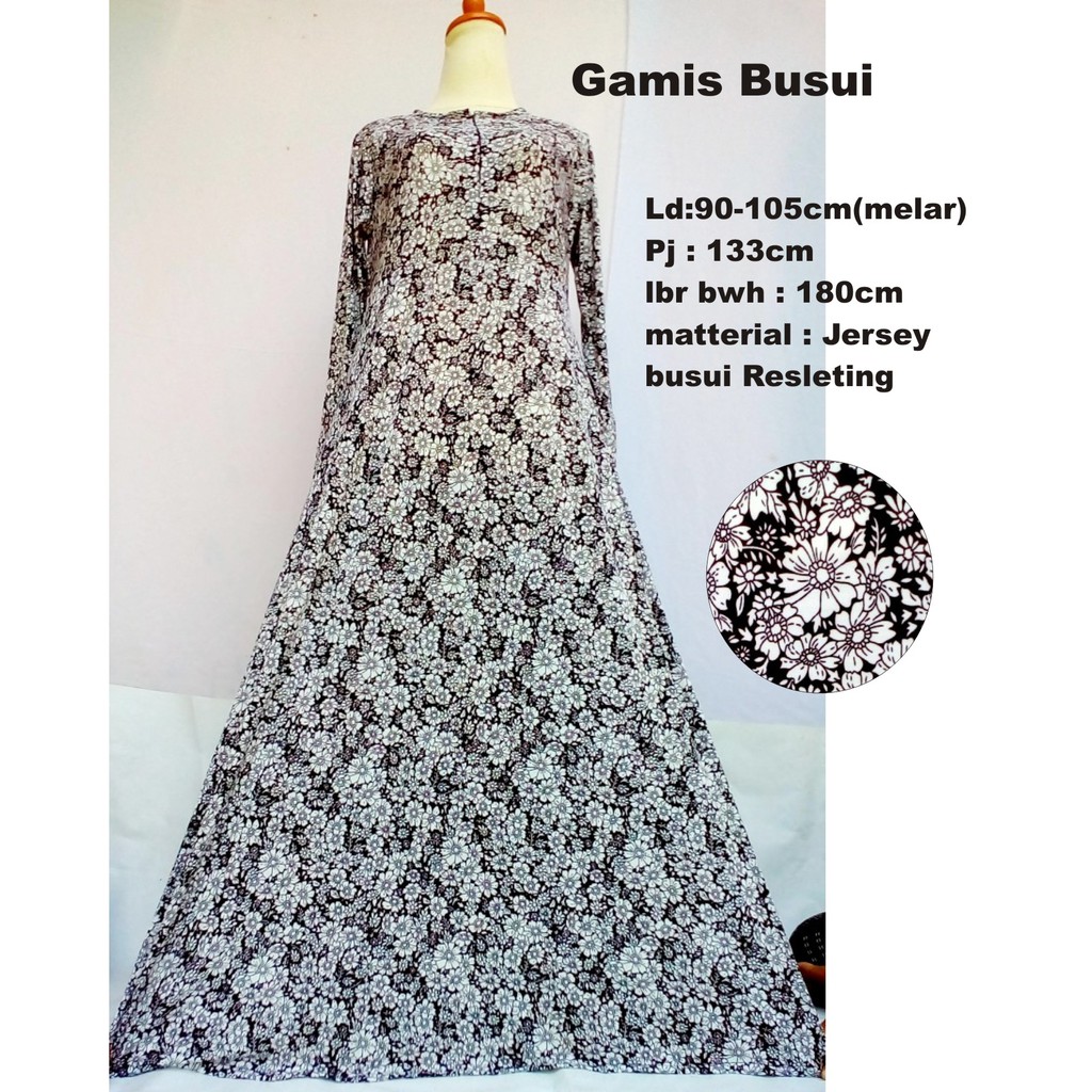gamis maxi long dress busui resleting jersey motif bunga hitam putih murah realpic