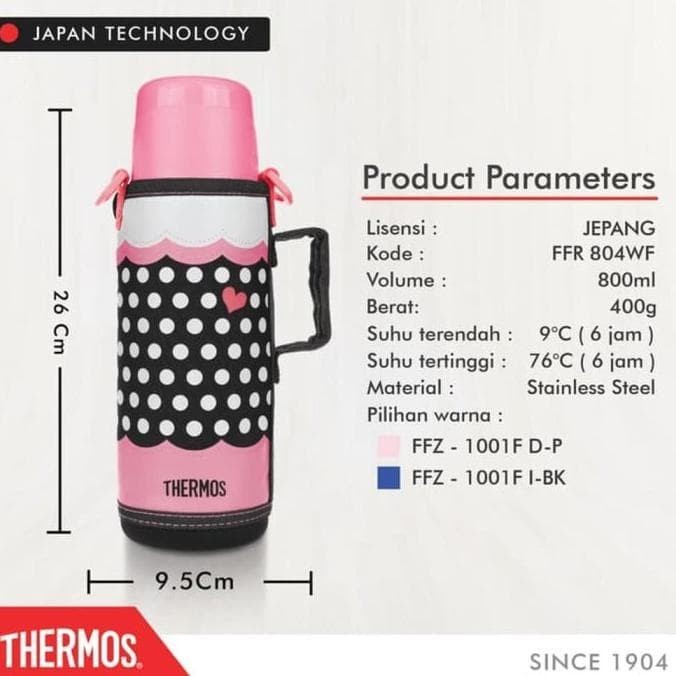 Thermos Dual Stopper 800ml FFR-804WF-D-P Sports Bottle FR804 Pink Termos Polkadot