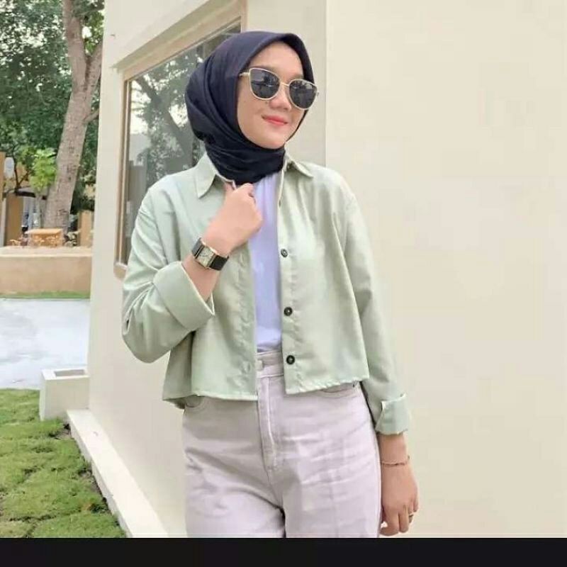 KEMEJA CROP WANITA PUTIH CREAM KOREAN KEMEJA CEWEK MURAH TERBARU KEKINIAN KEMEJA SHIRT RAYON CRINKLE KEMEJA CASUAL POLOS LENGAN PANJANG SKODER CROP TOP BLOUSE-5