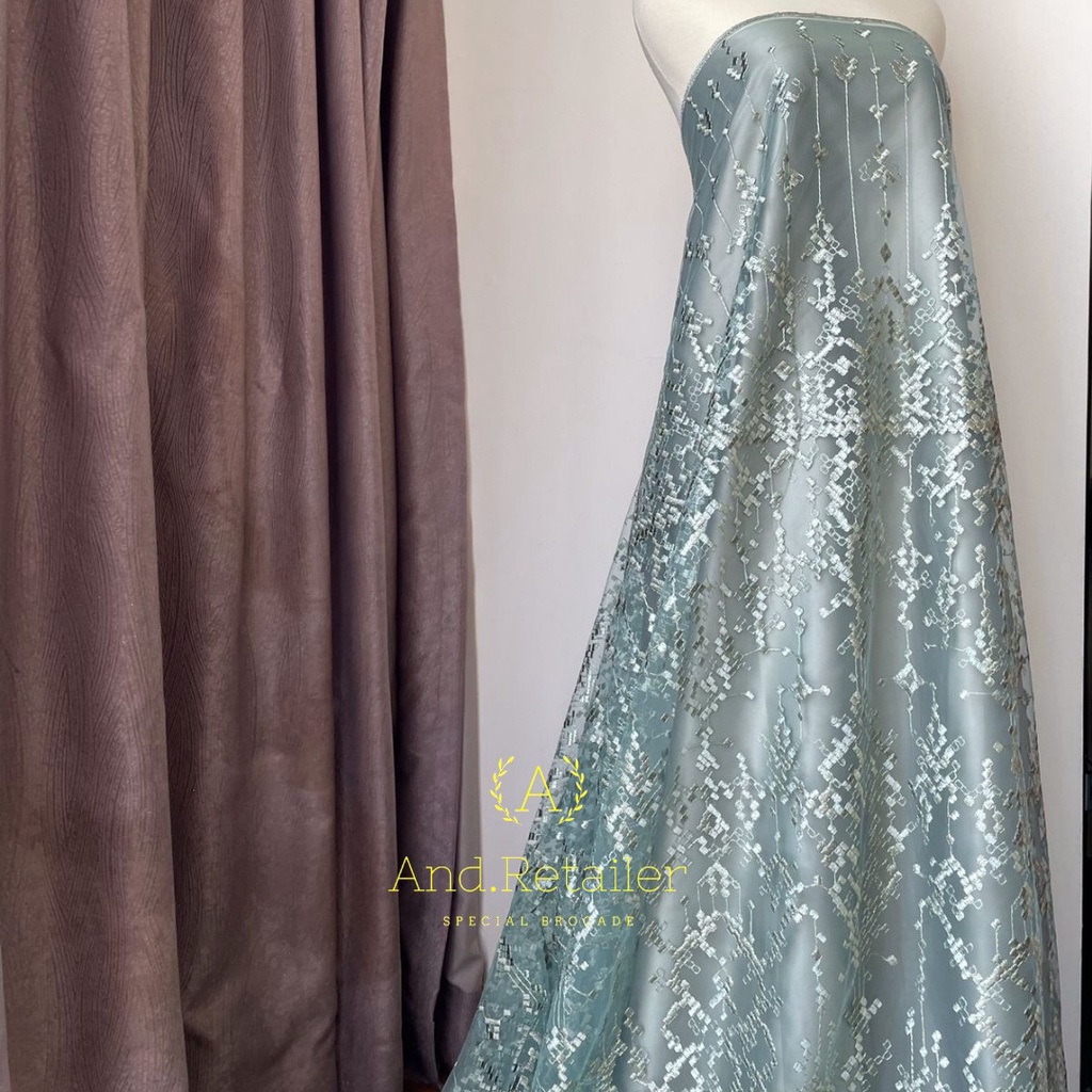 Bahan Kebaya Premium Brokat Etnik Tile Bordir Aphrodite Warna Sage Green Sapto Series 4