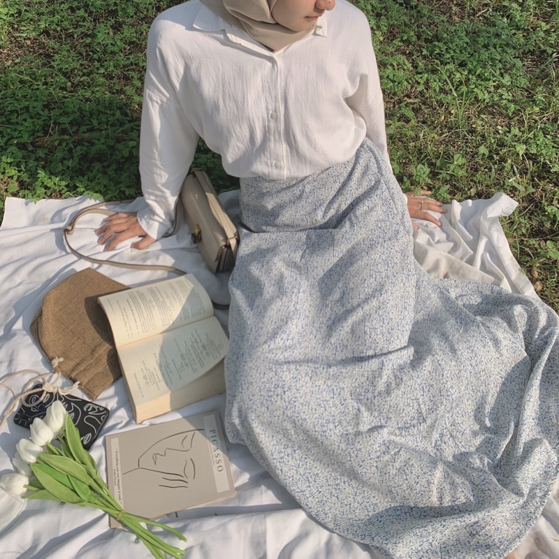 FLORAL SKIRT ADA SAKU / ROK MOTIF BUNGA/ ROK A LINE KOREAN STYLE / Long Skirt / vintage skirt-Biru muda + Furing