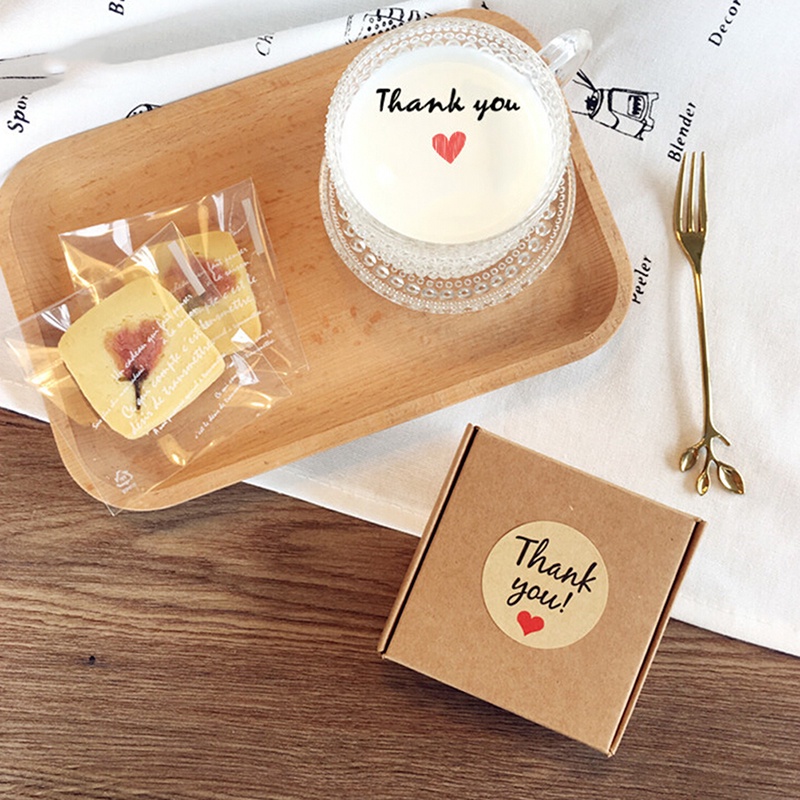 【Theredsunrisesiwy.id】60Pcs Kraft Paper Love Heart &quot;Thank You&quot; Sticker Decorative Baking Sealing Paste