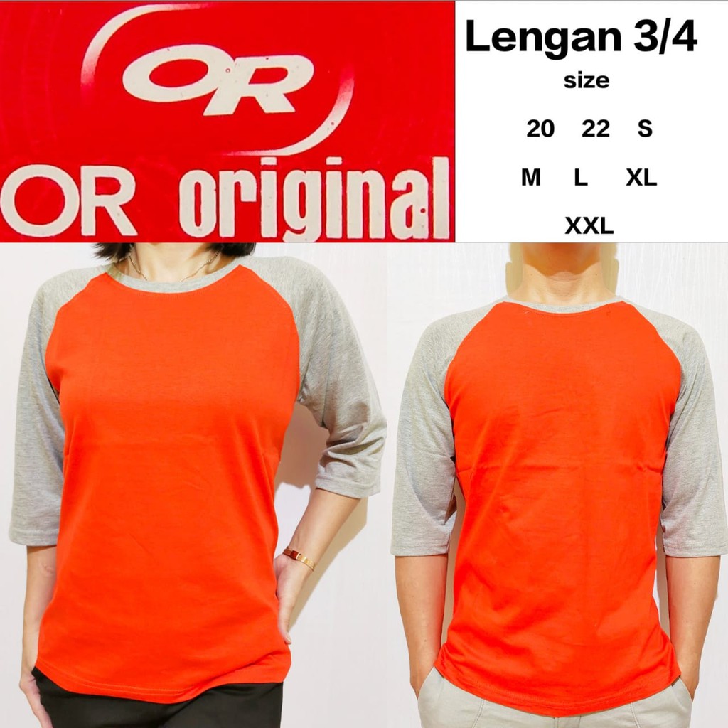 kaos polos reglan  orange lengan abu misty 3/4 20 22 S M L XL XXL