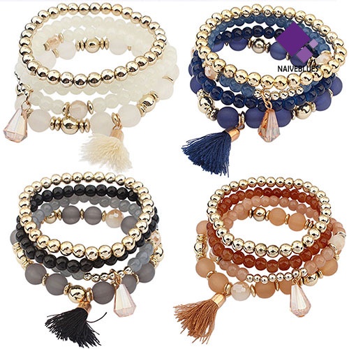 4pcs / Set Gelang Multilayer Bahan Resin Aksen Rumbai Gaya Etnik Untuk Wanita