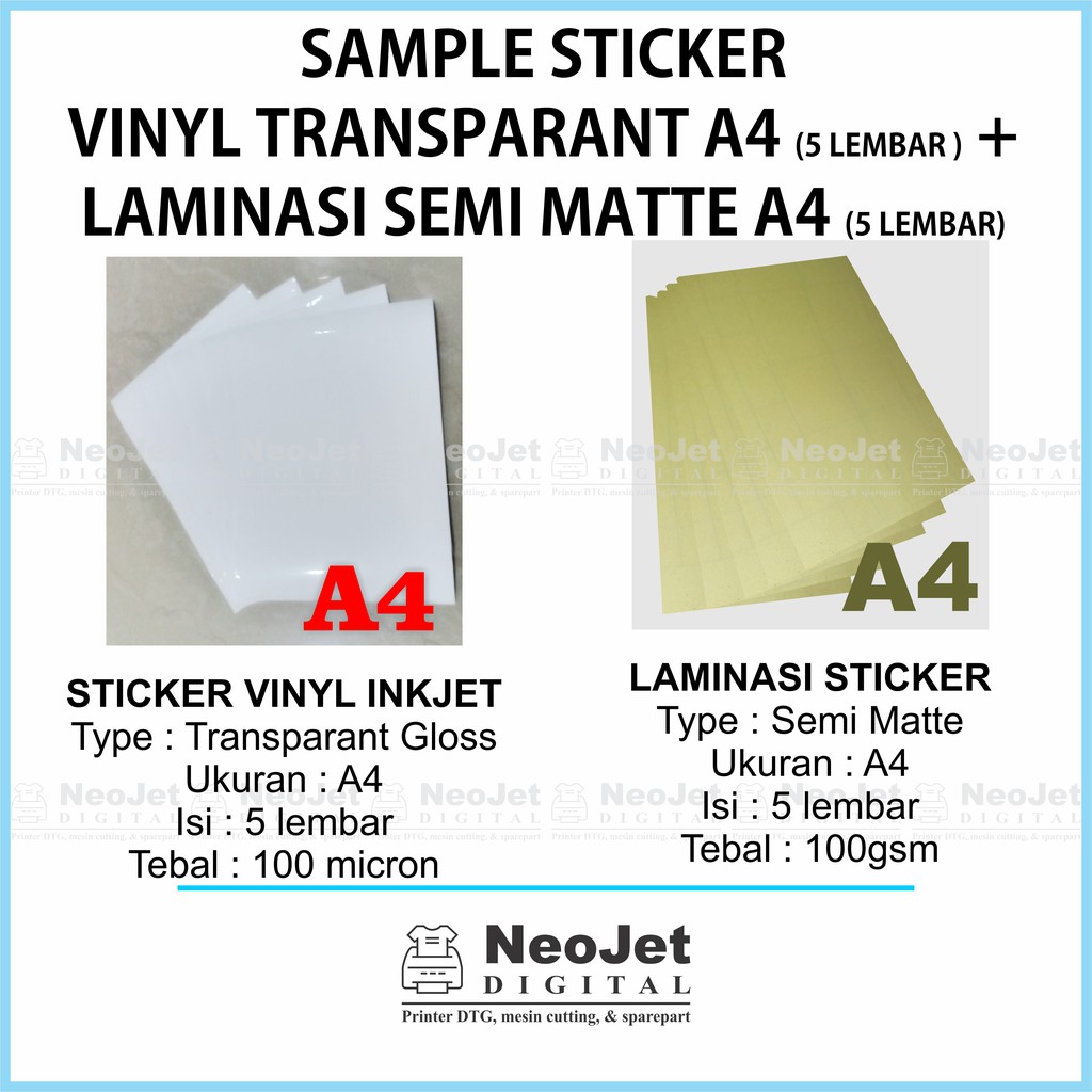 

Sample Sticker Vinyl Inkjet Transparan Glossy + Laminasi Semi Matte Satin A4