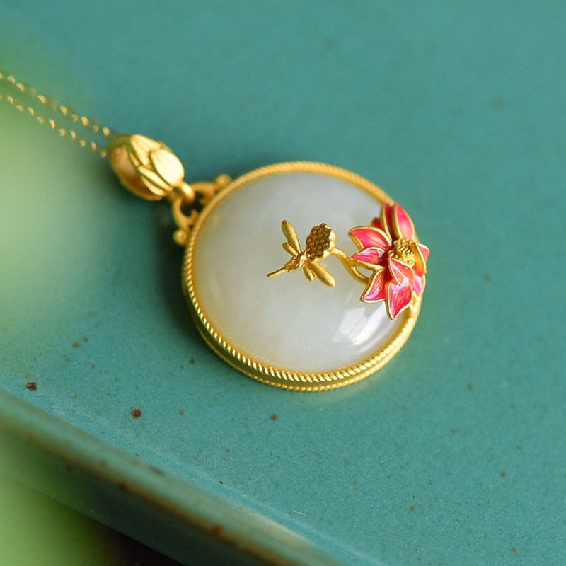 Chinese Style Enamel Color Lotus Flower Elegant Female Charm Hotan White Jade Stone Pendants Necklace Vintage Minorities Jewelry