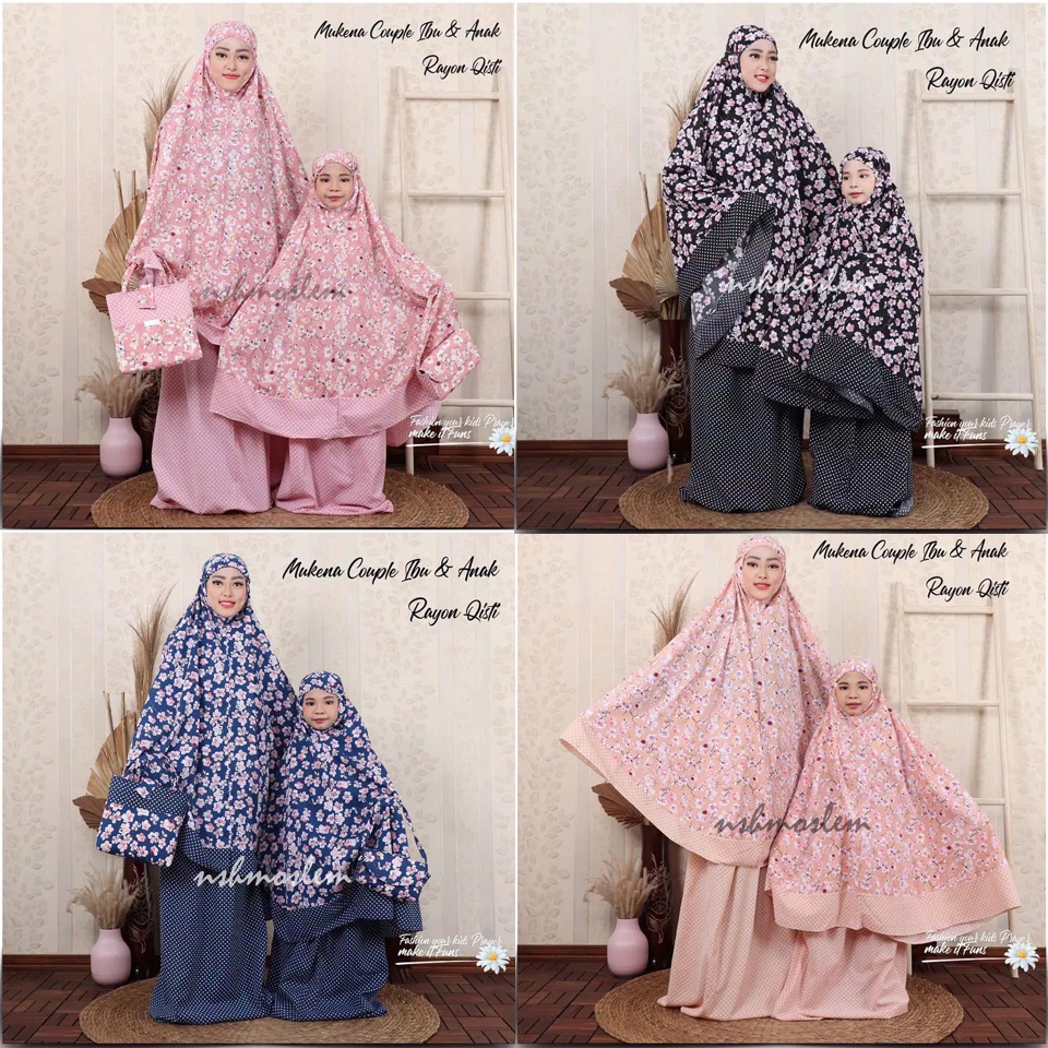 Mukena Couple Ibu dan Anak Rayon Oisti Motif Bunga