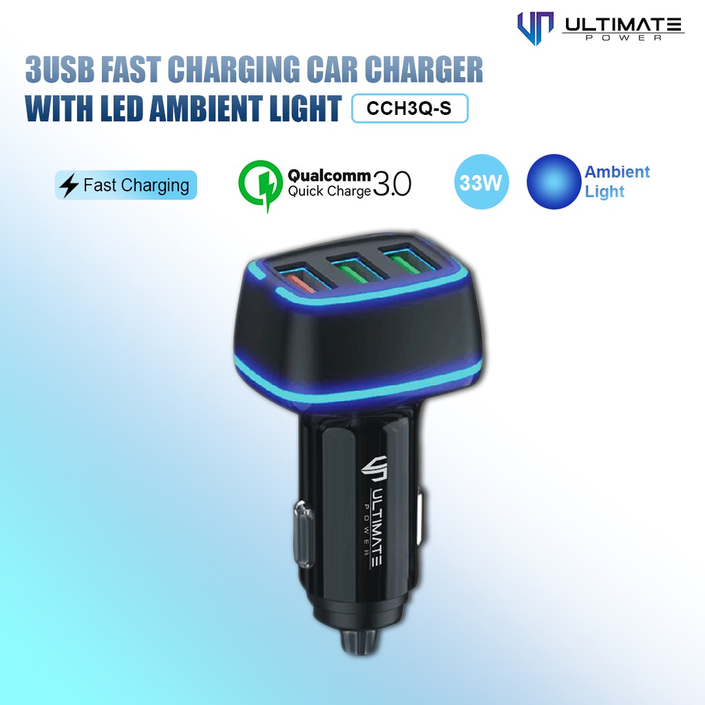 Car Charger mobil 3Usb Ultimate 3USB Fast Charging Car Charger with LED Ambient Light Original100%