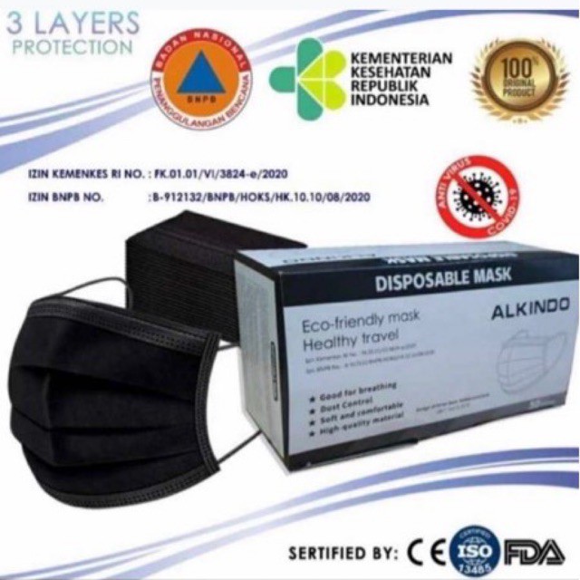 MASKER HITAM 3PLY ALKINDO / MEDIOCARE 1 PACK ISI 50PCS / MASKER ALKINDO BANYAK WARNA TERMURAH