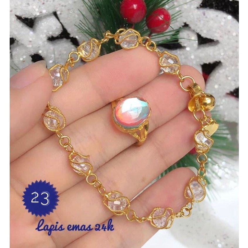 (OKT) Set Perhiasan Xuping Lapis Emas 24 Karat Gelang Cincin Batu Permata Giok Berlian Rubi Zircon P