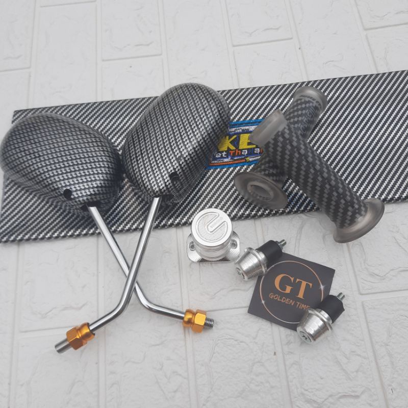 Kulit Jok - Handgrip - Jalu Stang - Tutup Minyak Rem Baut Lurus Silver + Spion Mio Karbon Chrome