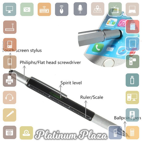 Pena Multifungsi Plastik Stylus + Penggaris + Level + Obeng - Silver`90S0Y6-