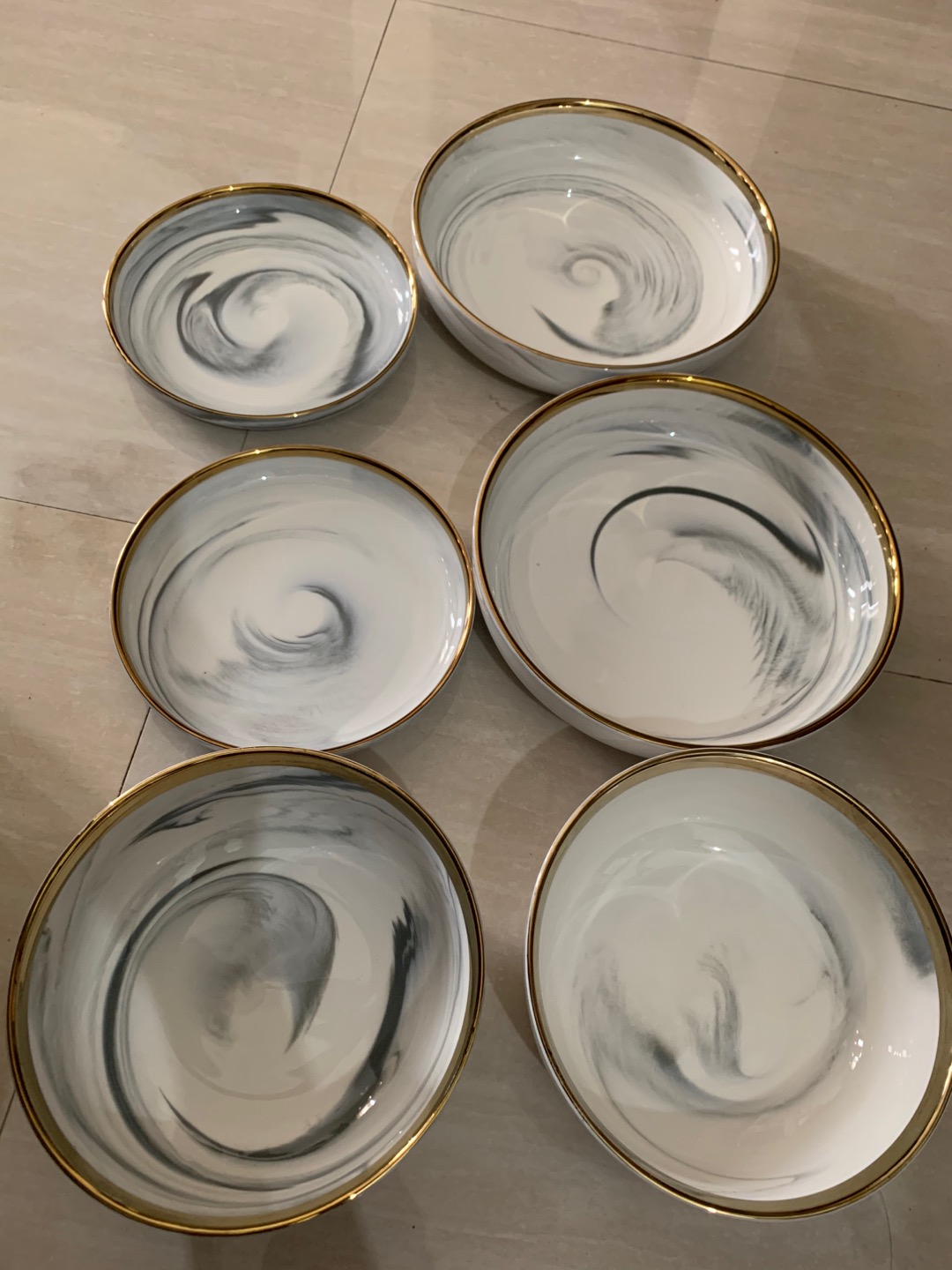 New Model Piring Mangkok Makan Keramik Ceramic Bowl Cantik Motif Marmer Marbel Marble Plate Gold Rim