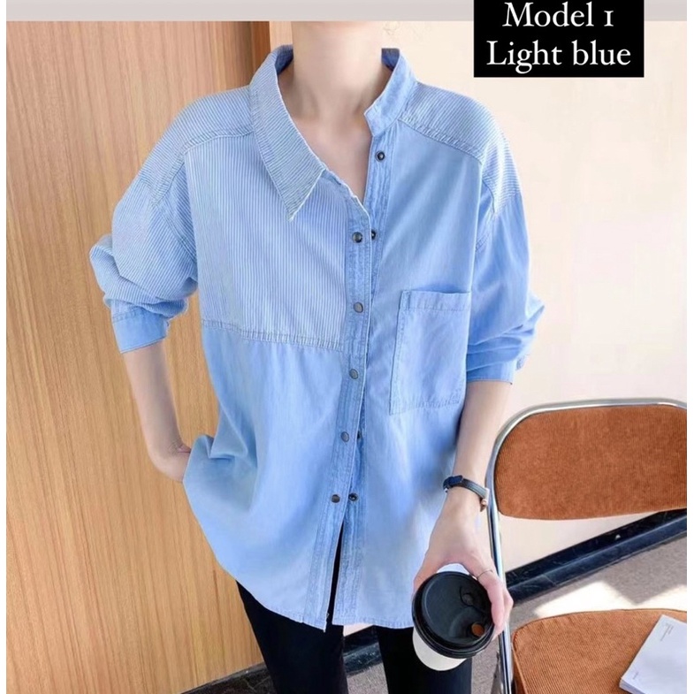 KEMEJA WANITA DENIM JEANS POLOS  JUMBO IMPORT KEKINIAN LENGAN PANJANG TERBARU OVERSIZED KOREA