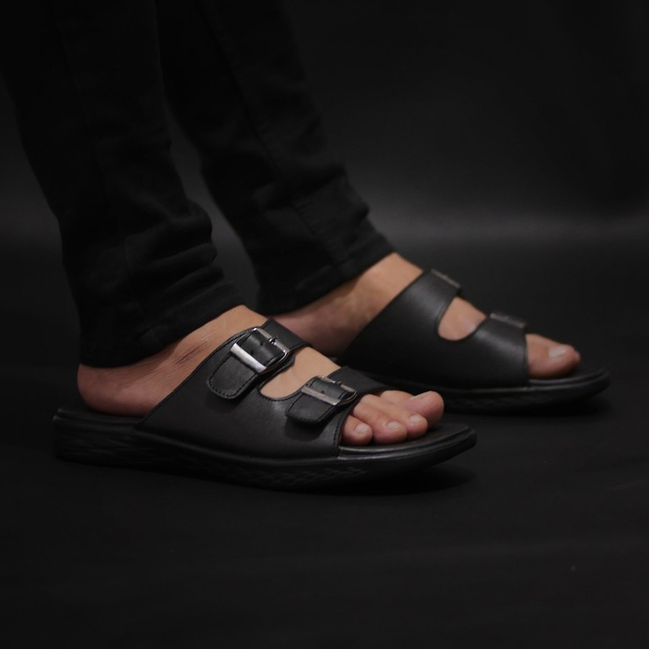 Mozza Black | Sendal Slide Kulit Original Santai Kasual Pria Cowok Sandal Footwear | FORIND x Greata