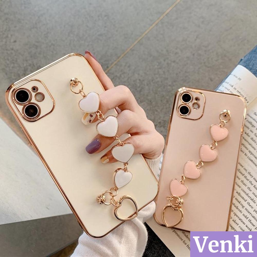 Soft Case Bahan Silikon Tpu Bentuk Hati Dengan Rantai Emas Untuk Iphone 12 Pro Max 7 Plus 11 8 Max 12 Se 2020 Pro Xs Xr 8 Plus