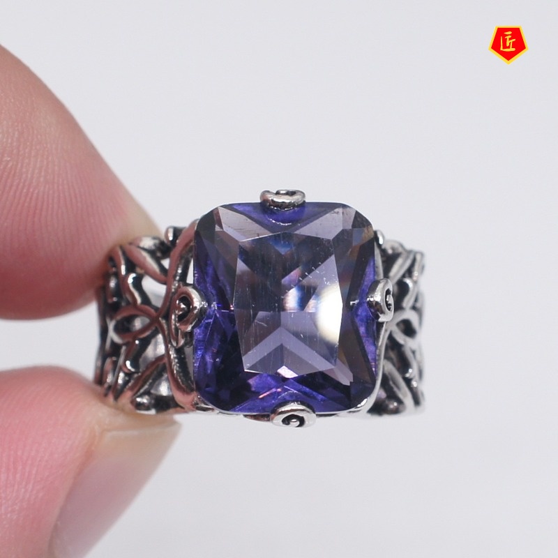 [Ready Stock]Hollow Flower Rhinestone Purple Crystal Silver Ring Elegant Retro