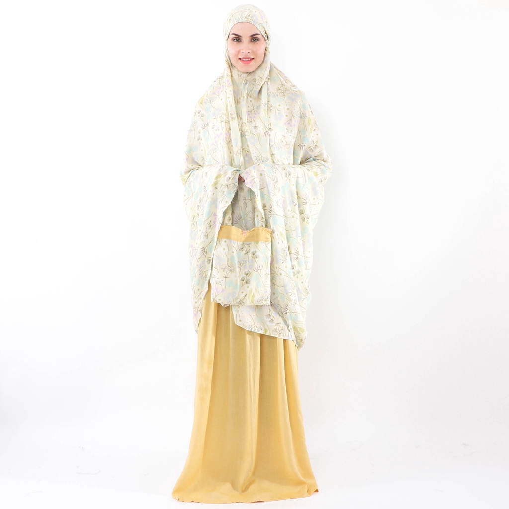 Mukena Tazkia/Mukenah Tazbiya Dewasa Jumbo Katun Rayon Adem Motif Cantik Flower Road Yellow
