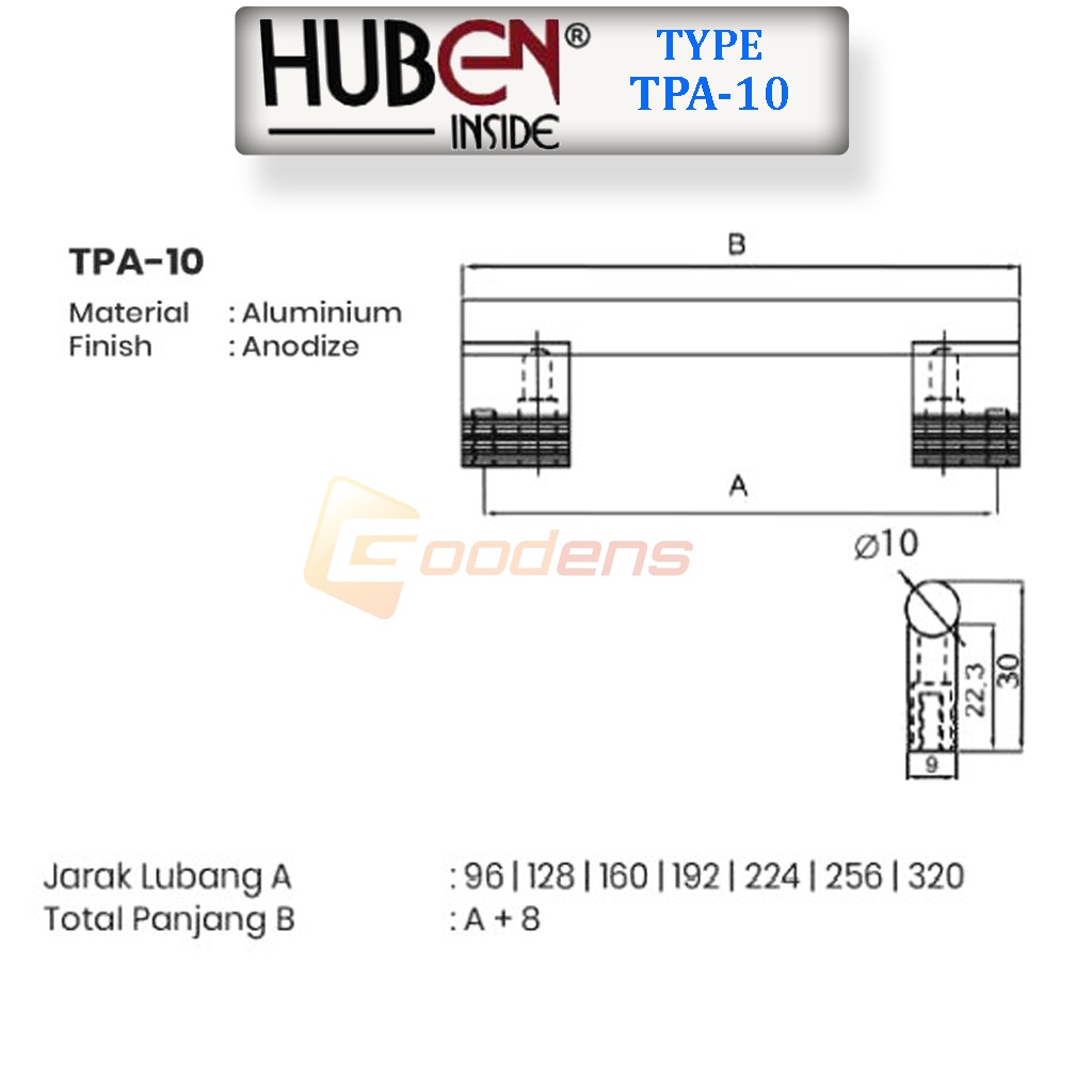 Huben TPA-10 128mm Tarikan Laci Handle Laci Lemari