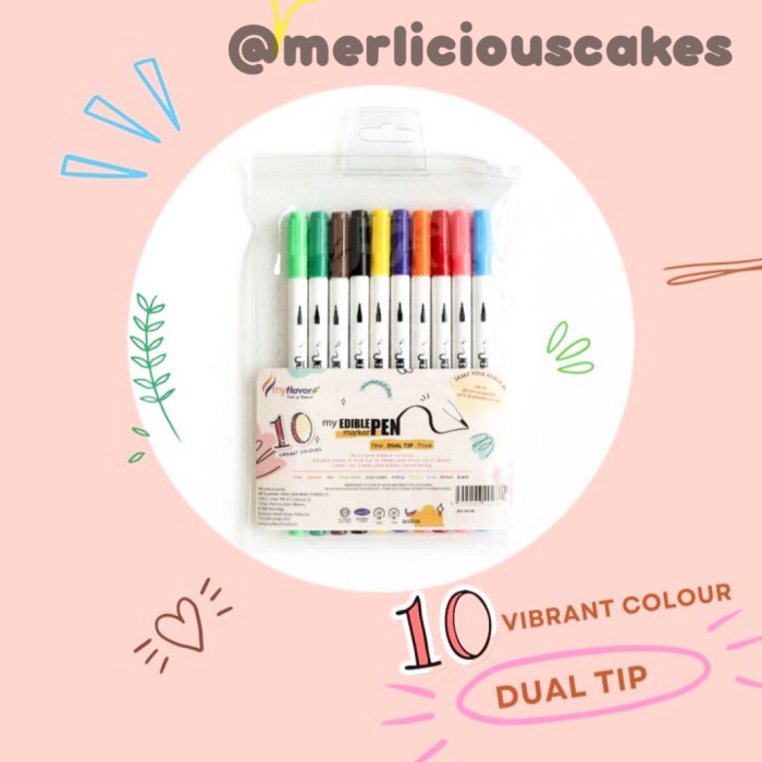 

10 Vibrant Colours Set My Flavor Edible Pen Marker Dual Tips Halal