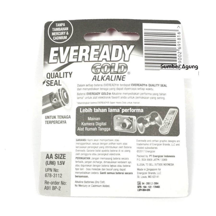 Baterai AA Alkaline A2 Satu Set isi 2pcs Eveready Gold Berkalitas