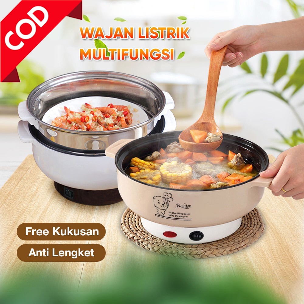 Panci Listrik Multifungsi 22cm Free Kukusan Panci Listrik Serbaguna MultiFunction Frying Pan Steamer Stainless Lapis Keramik Teflon Panci Elektrik Free Kukusan