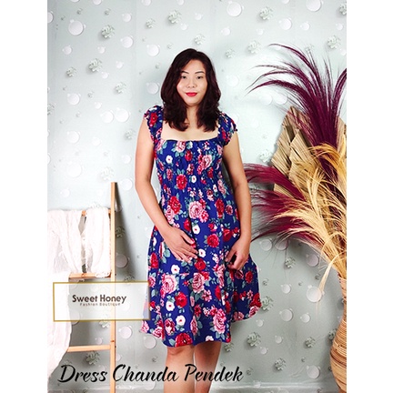 Sweet Honey ~ Dress Chanda Canda Kerut Jumbo Rayon Bali LD 120cm Dress Midi Motif Bunga Mawar Vanessa Fuji Worm