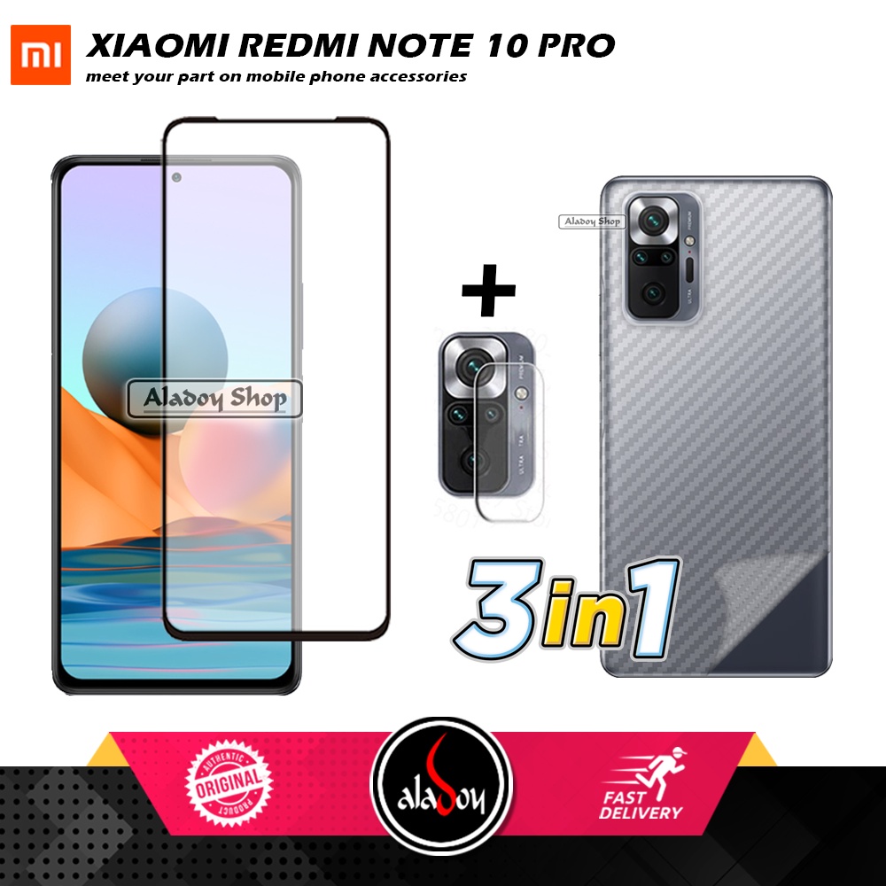 PAKET 3 IN 1 Tempered Glass Layar Xiaomi Redmi Note 10 Pro 2021 Free Tempered Glass Camera dan Skin Carbon