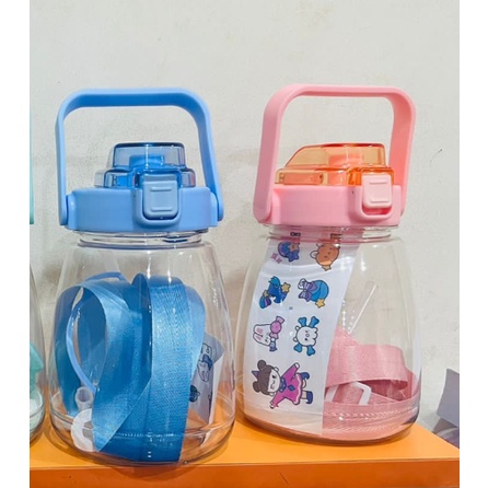 Botol Minum Polos 1L Stiker Lucu Tempat Minum Anak JUMBO Tali Sedotan + Sticker lucu