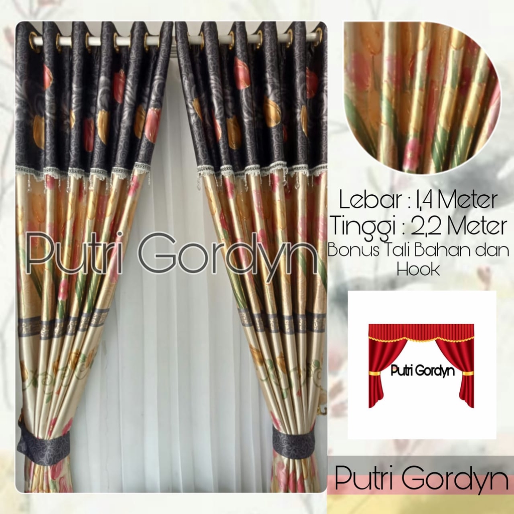 Gorden murah Blackout poni lurus printing emas tulip abu