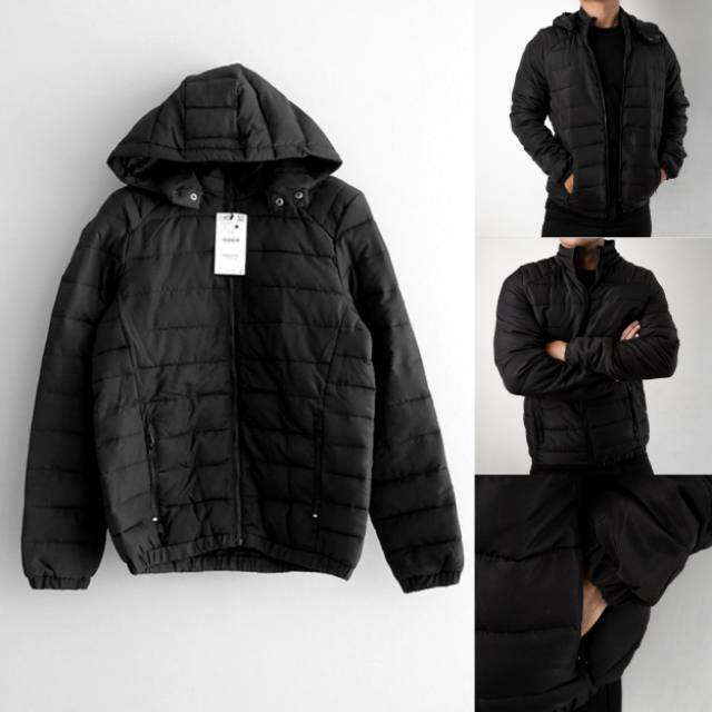 Jaket Winter Bershka Puffer Hoodie Jacket Pria Original Musim Dingin Black