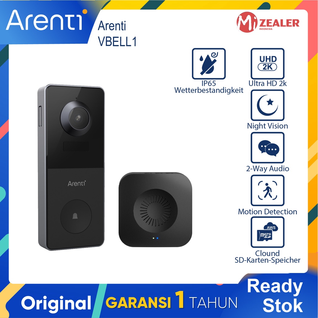 ARENTI VBELL1 CCTV Outdoor Battery-Powered 2K Wi-Fi Video Doorbell With Wireless Chime