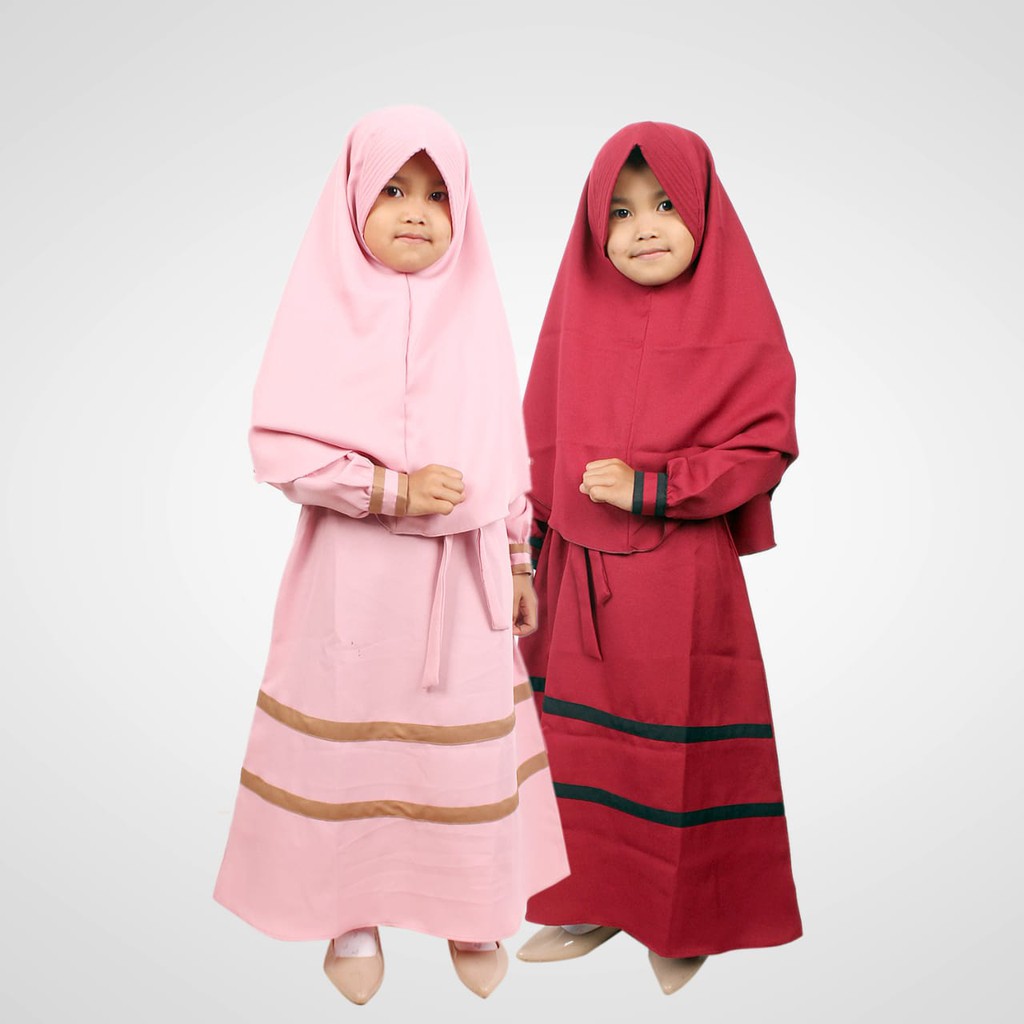 Gamis Anak Wolfis Strip Set Kerudung Besar Usia 1-10 tahun Original