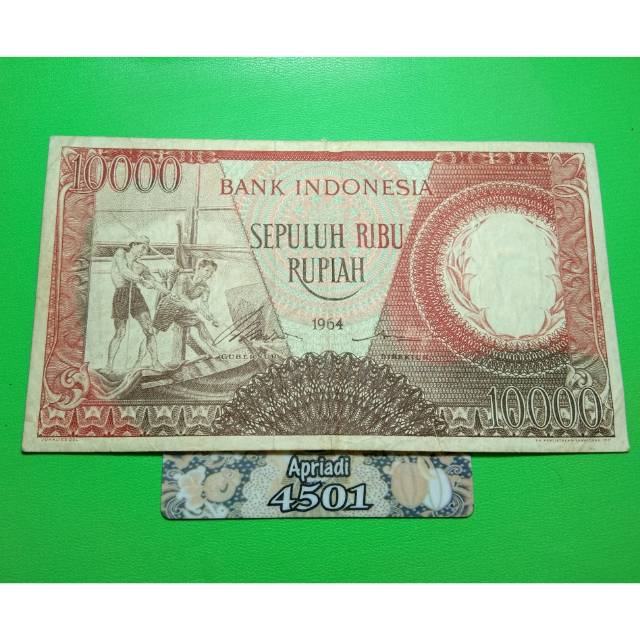 UK094 UANG KUNO ASLI 10000 RUPIAH SERI PEKERJA MERAH TAHUN 1964 UANG LAMA KERTAS MAHAR NIKAH #VF91