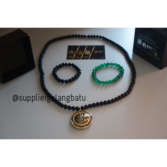 PROMO Kalung batu onyx ALLAHUAKBAR GOLD bonus gelang giok premium akik fashionita pria wanita muslim