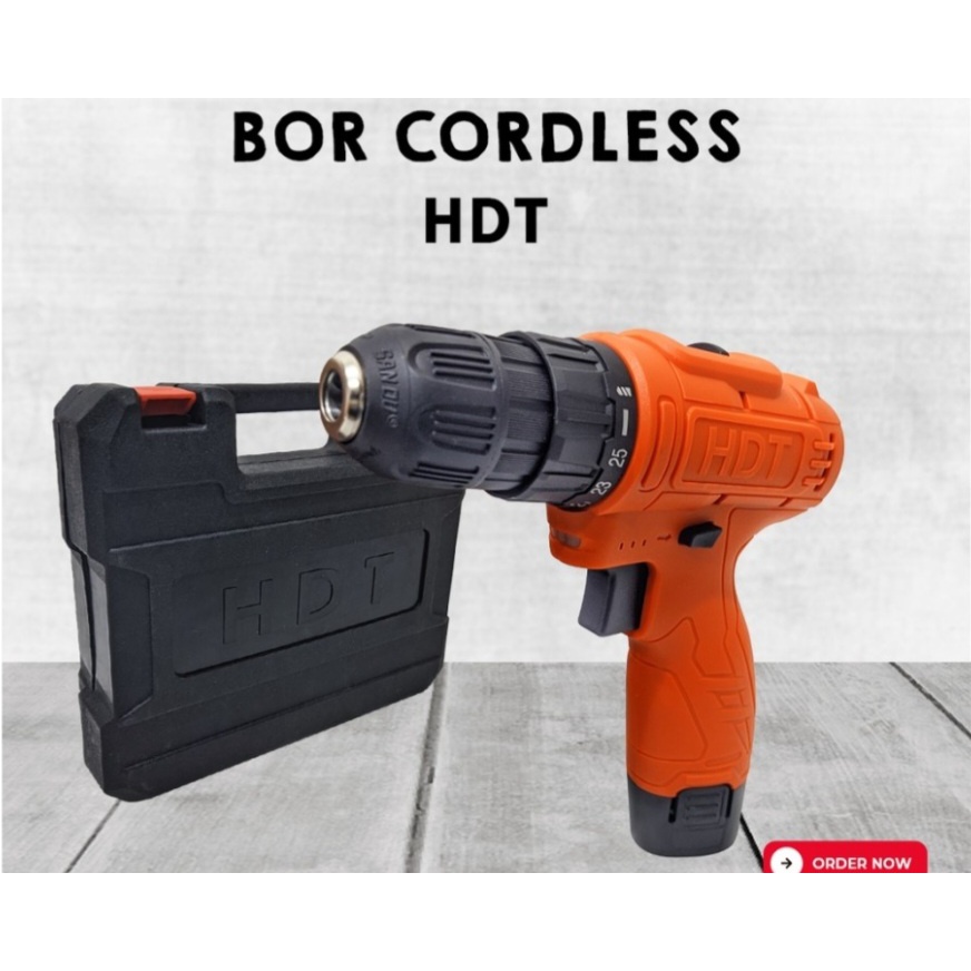 MESIN BOR CORDLESS 10MM HDT CDD 405  2 BATTERY 12VOLT MERK HDT drill cas charger 12V bor portable tanpa kabel