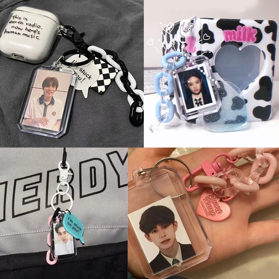 Kpop 1inch Akrilik Bening Tempat Photocard Bingkai Foto Album Gantungan Kunci Card Holder Liontin Bening Mini ID Card Case