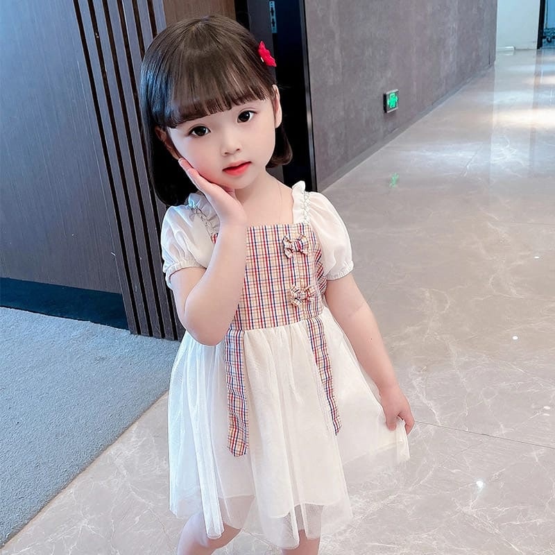 Promo !! Dress anak cewek cute -  dress tartan rubber two ribbon import uk 6bln-2th (putih)