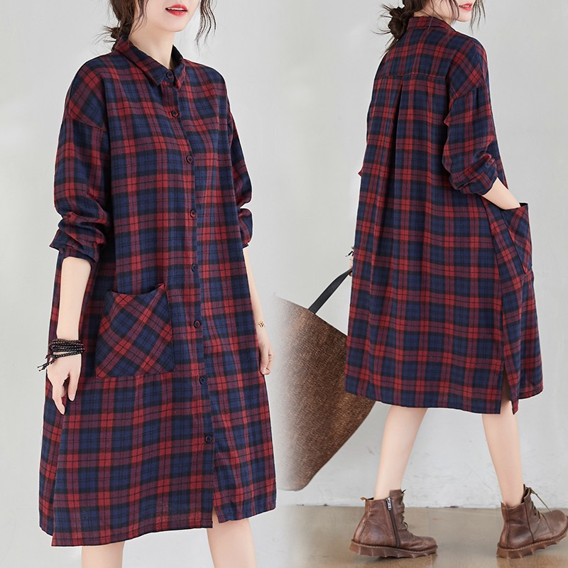 Gaun Kemeja Lengan Panjang Kasual Wanita Gaun Kotak-kotak Linen Katun