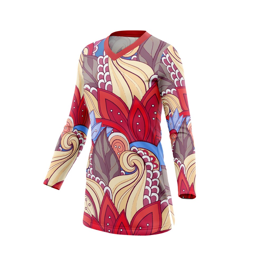 Jersey Sepeda Wanita Custom ~ Jersey Baju Kaos Sepeda Senam Voli Tunik Hijab Muslimah | RED FLOWER